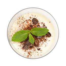 Photo of Delicious coffee panna cotta with beans and mint isolated on white, top view