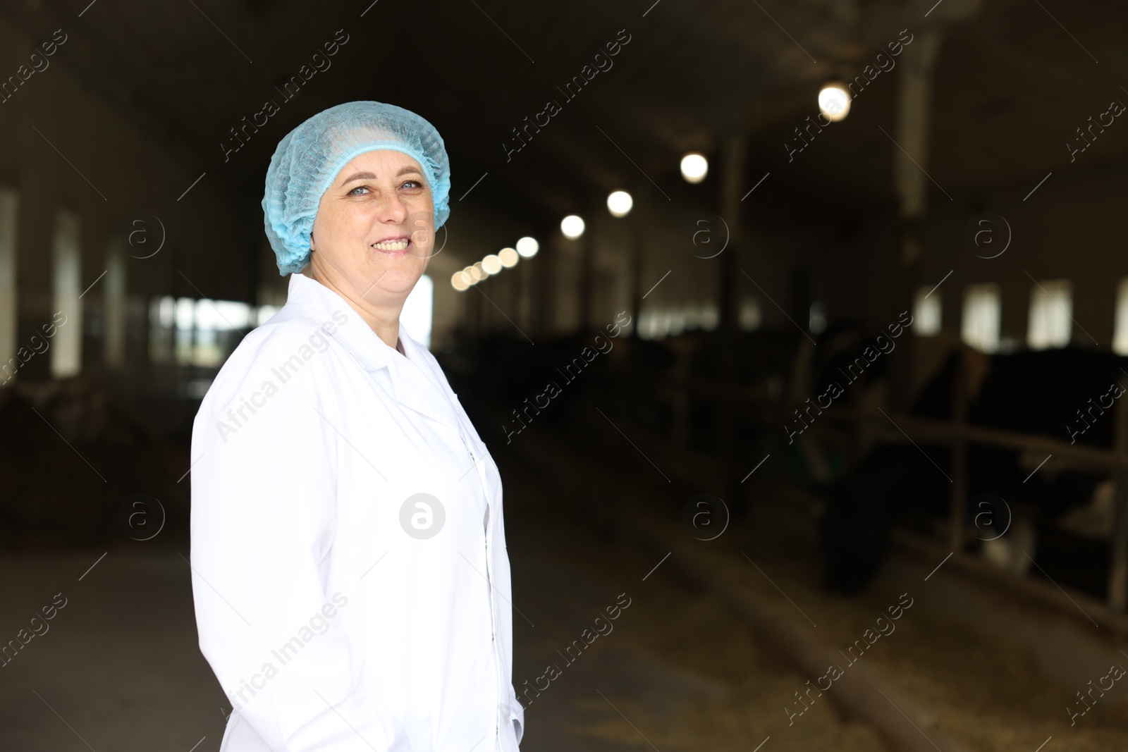 Photo of Portrait of veterinarian inside cowshed in dairy farm, space for text