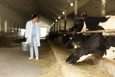 Photo of Farmer with cute cows inside cowshed in dairy farm, selective focus