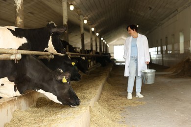 Photo of Farmer with cute cows inside cowshed in dairy farm, selective focus