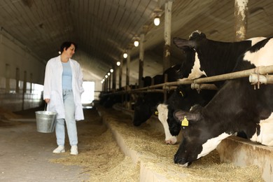 Photo of Farmer with cute cows inside cowshed in dairy farm, selective focus