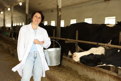 Photo of Portrait of farmer with bucket near cute cows inside cowshed in dairy farm