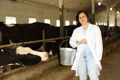 Photo of Portrait of farmer with bucket near cute cows inside cowshed in dairy farm