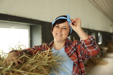 Photo of Portrait of farmer with hay in dairy farm