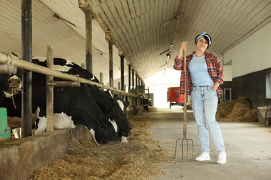 Photo of Farmer feeding hay to cute cows inside cowshed in dairy farm