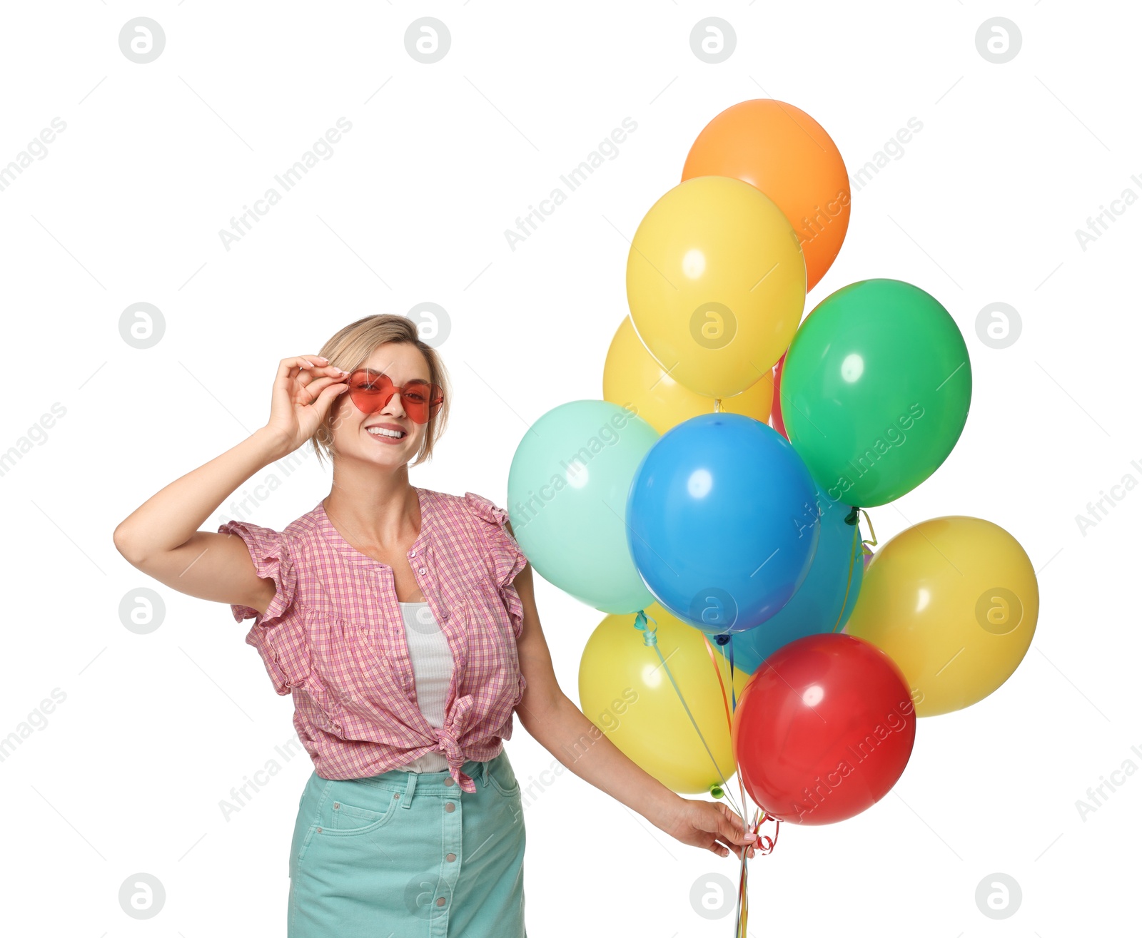 Photo of Smiling woman in sunglasses with bunch of colorful balloons on white background