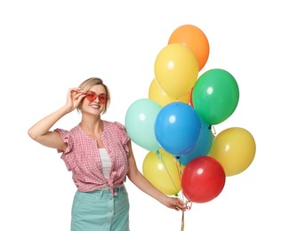 Photo of Smiling woman in sunglasses with bunch of colorful balloons on white background