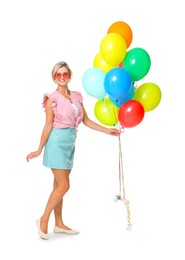Photo of Smiling woman in sunglasses with bunch of colorful balloons on white background