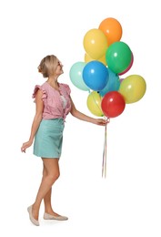 Photo of Smiling woman in sunglasses with bunch of colorful balloons on white background