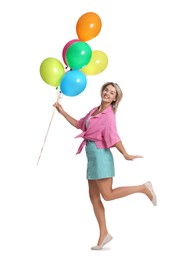 Photo of Smiling woman with bunch of colorful balloons on white background