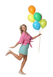 Photo of Smiling woman with bunch of colorful balloons on white background
