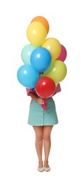 Photo of Woman hiding behind colorful balloons on white background