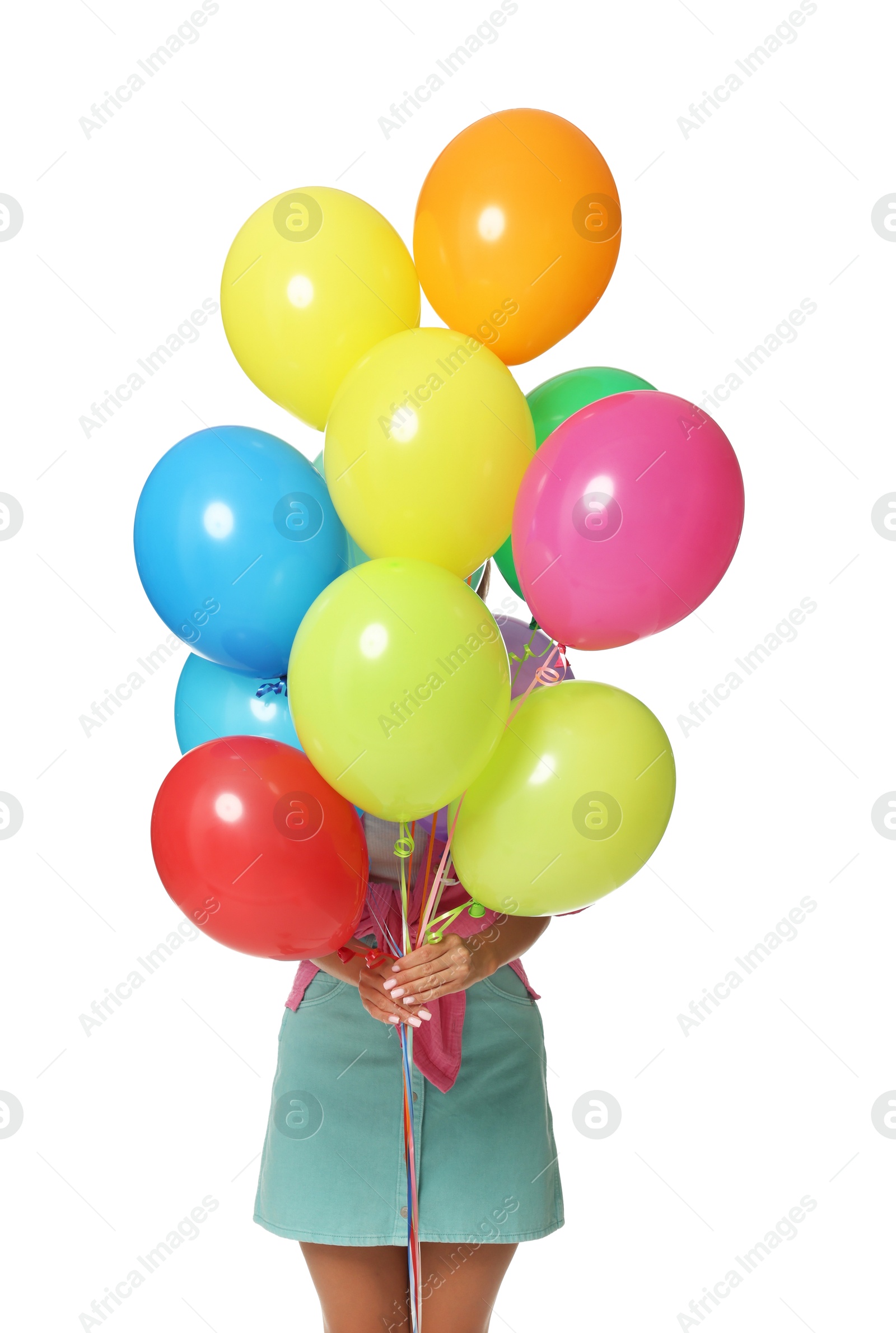 Photo of Woman hiding behind colorful balloons on white background