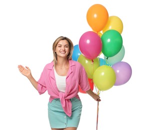 Photo of Smiling woman with bunch of colorful balloons on white background