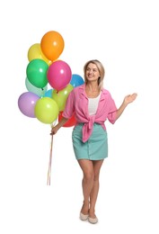 Photo of Smiling woman with bunch of colorful balloons on white background
