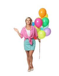 Photo of Smiling woman with bunch of colorful balloons on white background