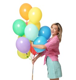 Photo of Happy woman with bunch of colorful balloons on white background
