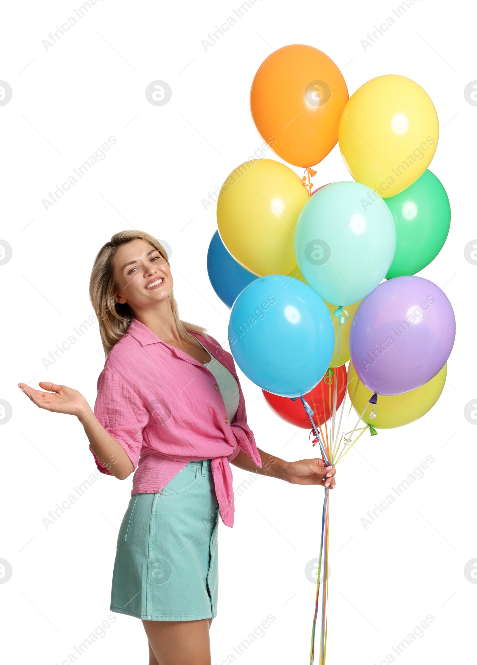 Smiling woman with bunch of colorful balloons on white background Photo of Smiling woman with bunch of colorful balloons on white background