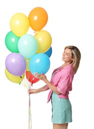 Photo of Smiling woman with bunch of colorful balloons on white background