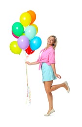 Photo of Smiling woman with bunch of colorful balloons on white background