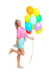 Photo of Smiling woman with bunch of colorful balloons on white background
