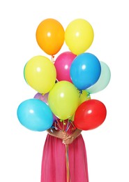 Photo of Woman hiding behind colorful balloons on white background