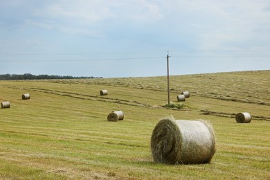 Photo of Hay bales on green grass in field. Space for text