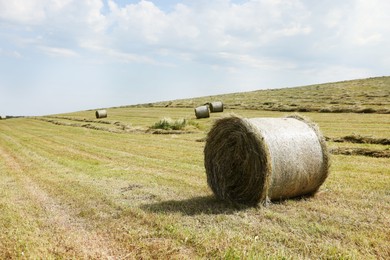 Photo of Hay bales on green grass in field. Space for text