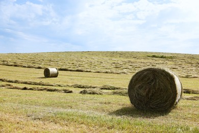 Photo of Hay bales on green grass in field. Space for text