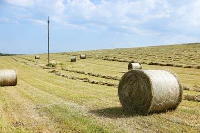 Photo of Hay bales on green grass in field. Space for text