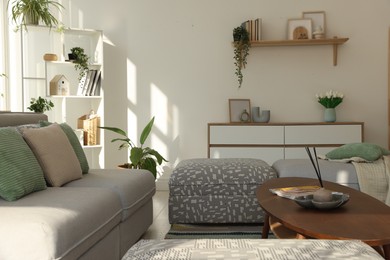 Photo of Stylish sofa and other furniture in living room. Interior design