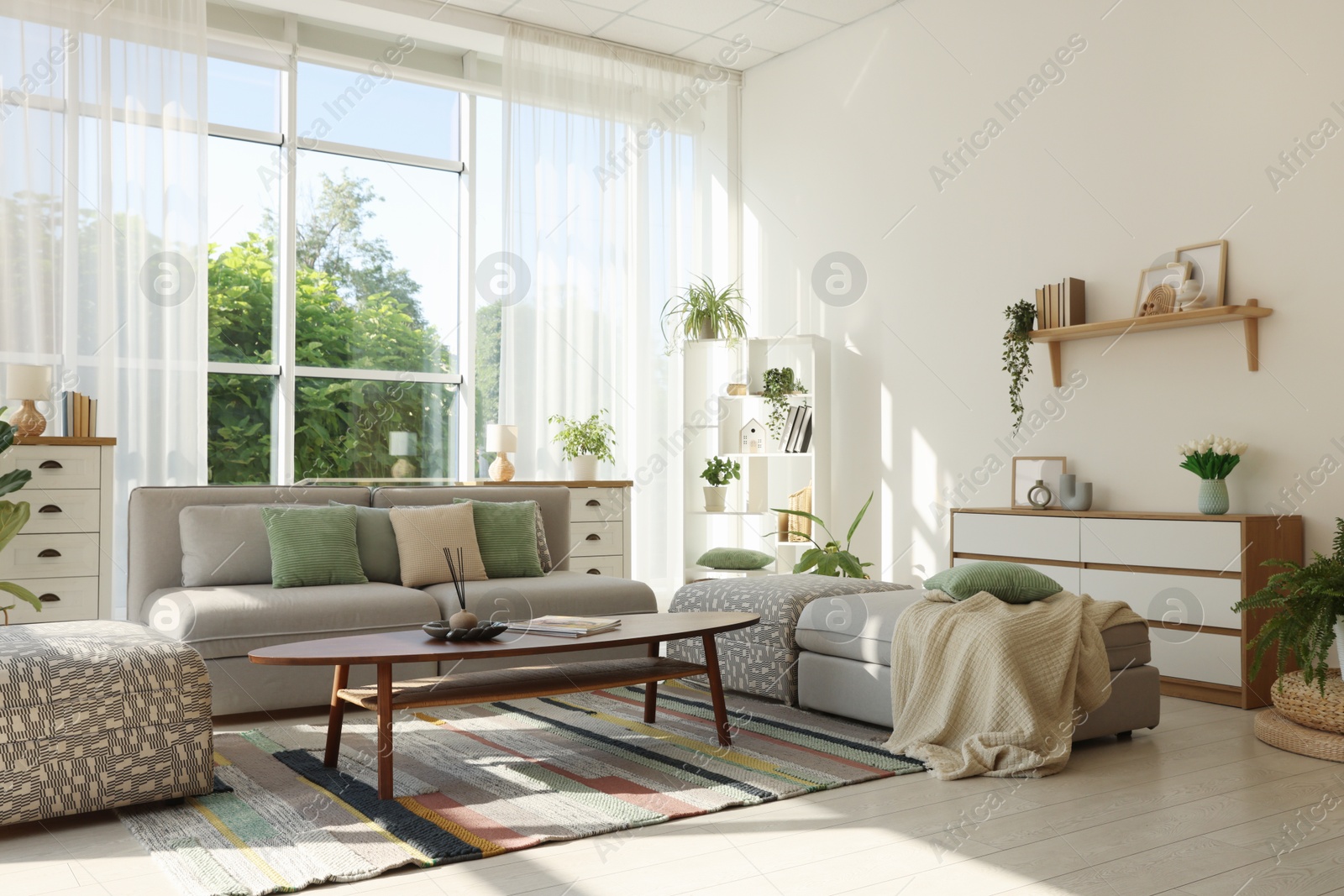 Photo of Stylish sofa and other furniture in living room. Interior design