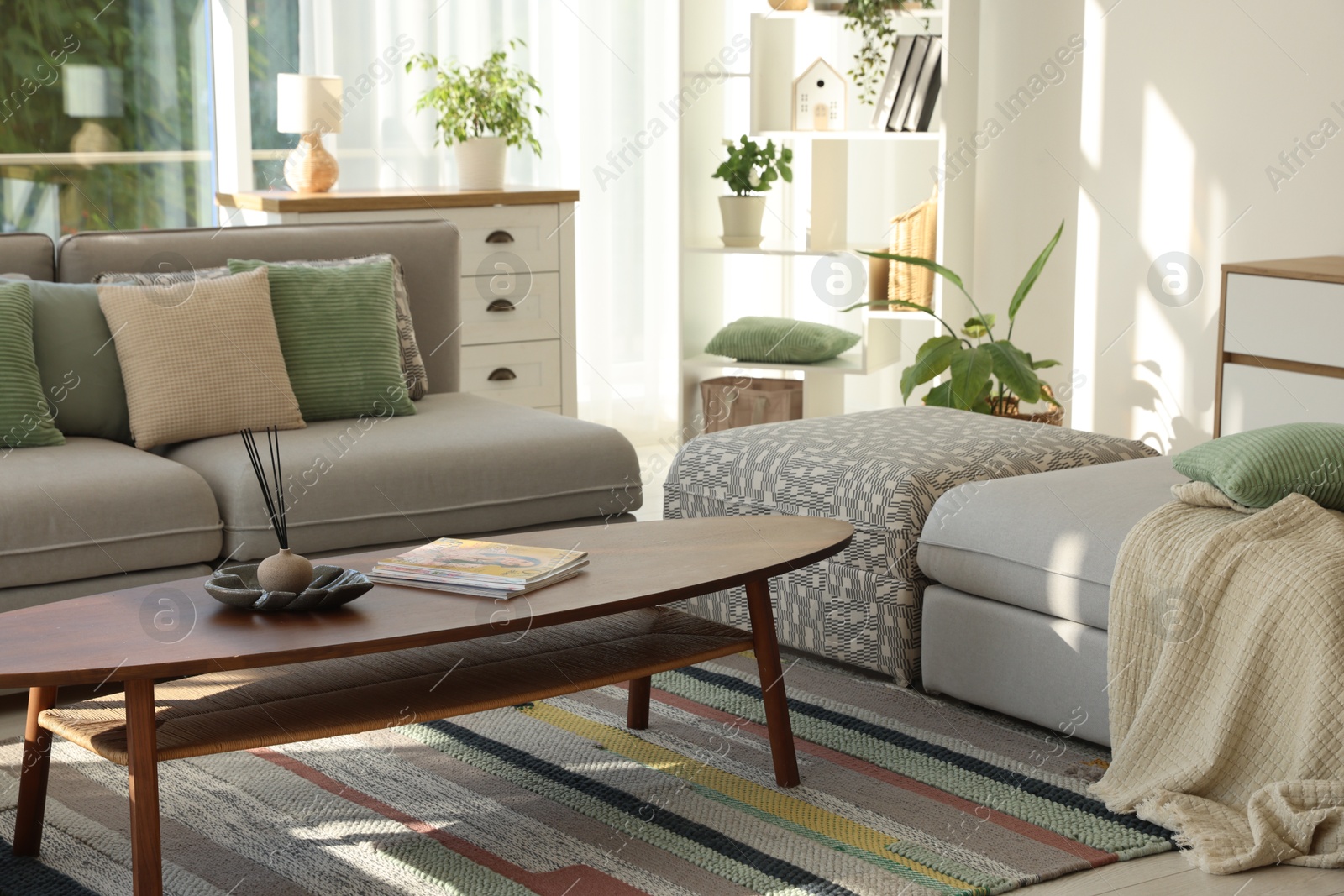 Photo of Stylish sofa and other furniture in living room. Interior design
