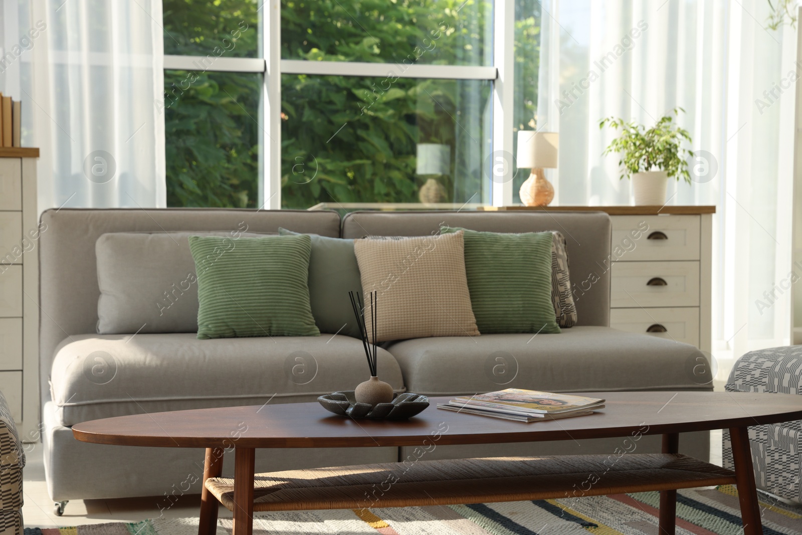 Photo of Stylish sofa and other furniture in living room. Interior design