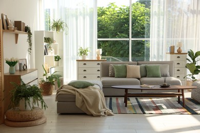 Photo of Stylish sofa and other furniture in living room. Interior design