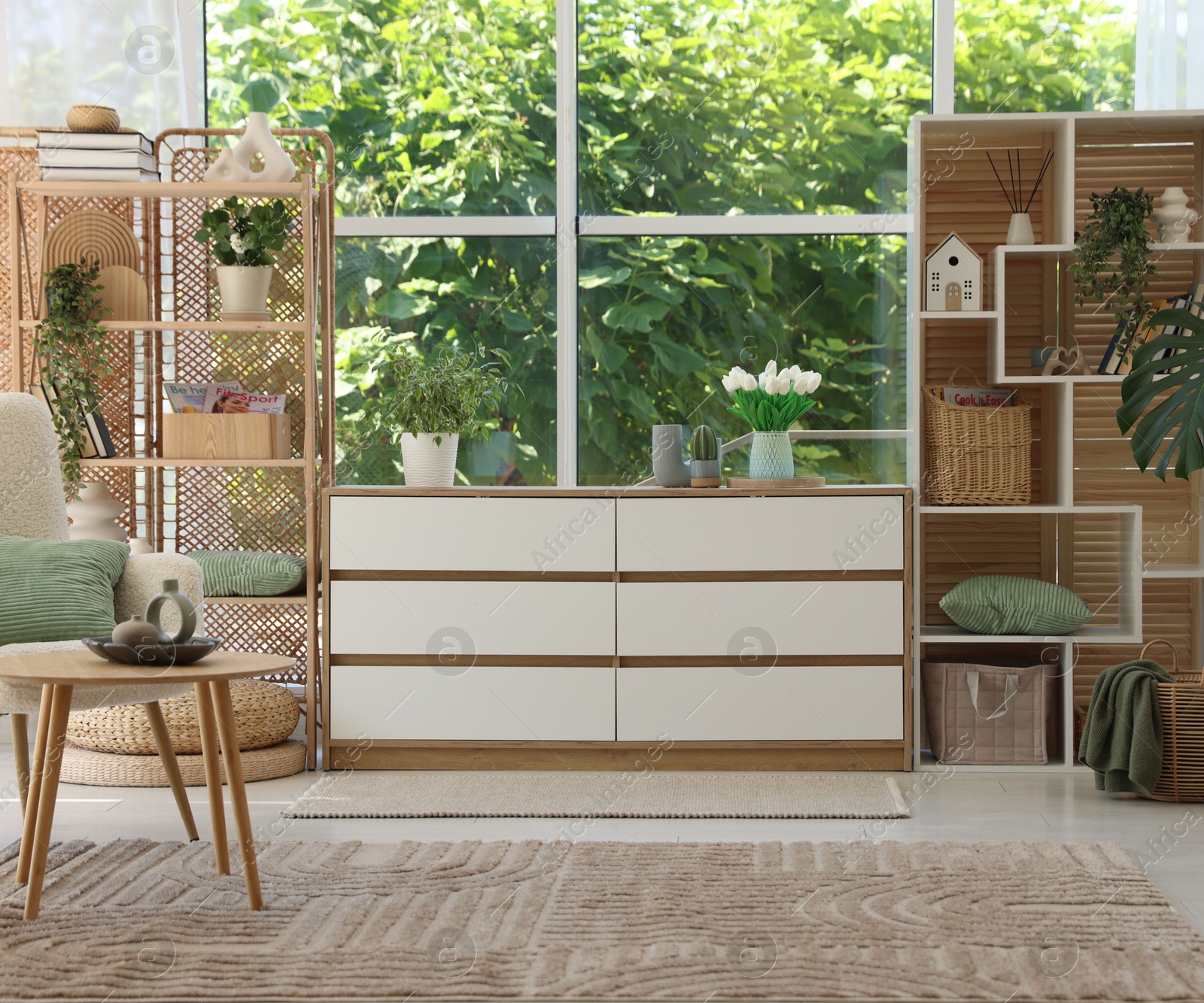 Photo of Wooden chest of drawers and other furniture in living room. Interior design