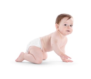 Photo of Cute little baby crawling on white background