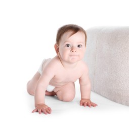 Photo of Cute little baby crawling on white background