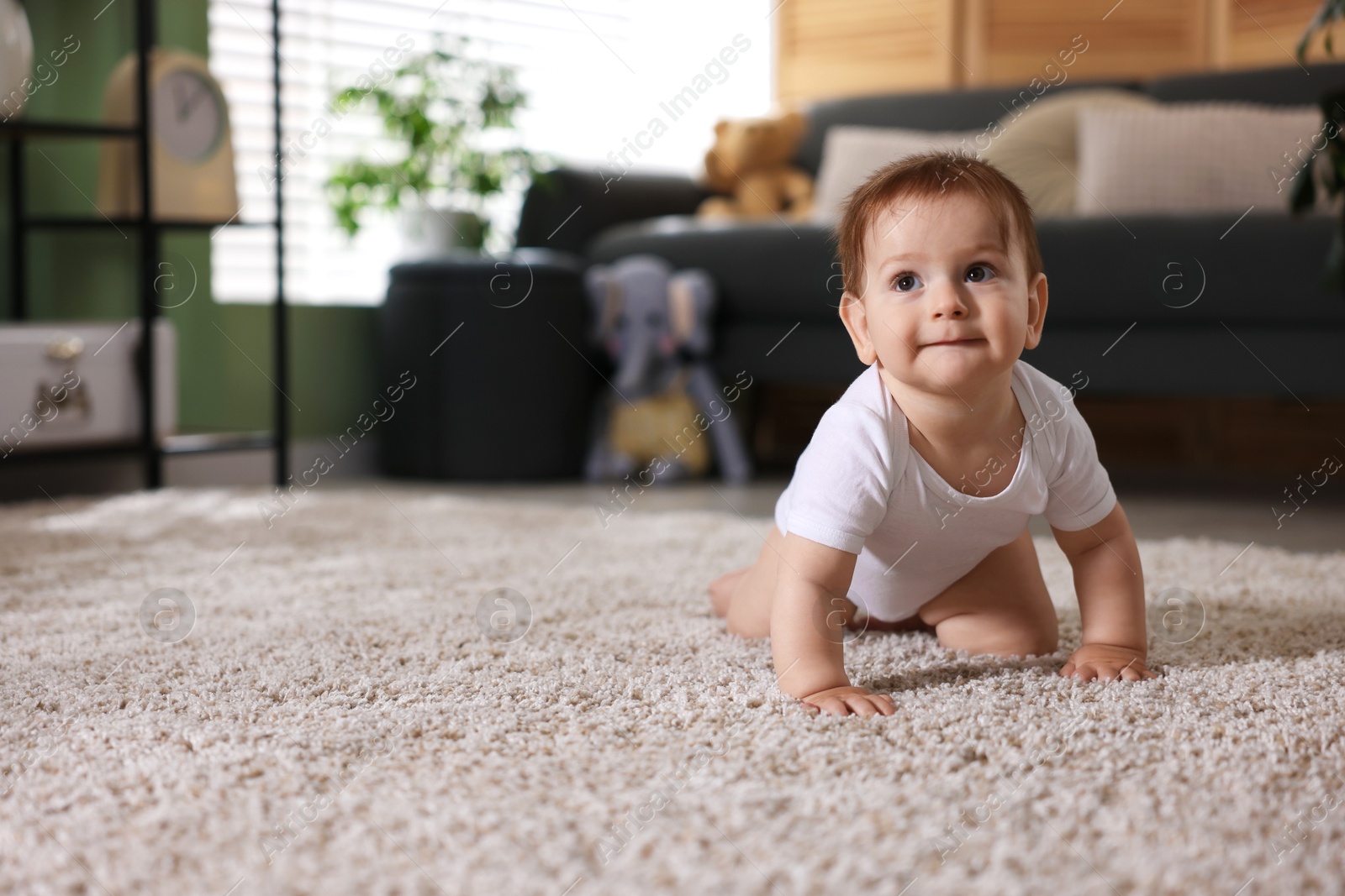 Cute little baby crawling on carpet at home, space for text Photo of Cute little baby crawling on carpet at home, space for text