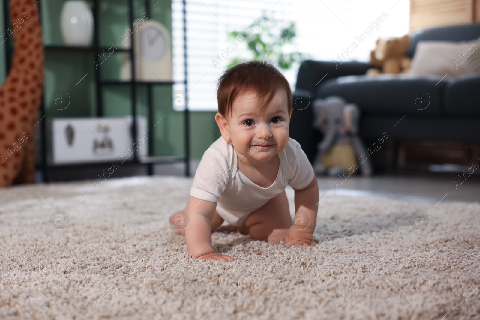 Cute little baby crawling on carpet at home Photo of Cute little baby crawling on carpet at home