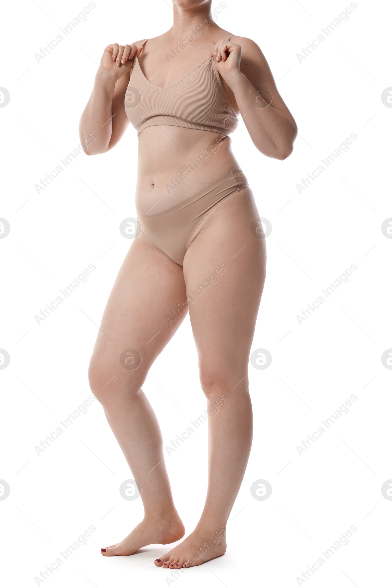 Photo of Liposuction. Woman in underwear on white background, closeup