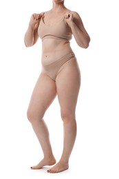 Photo of Liposuction. Woman in underwear on white background, closeup