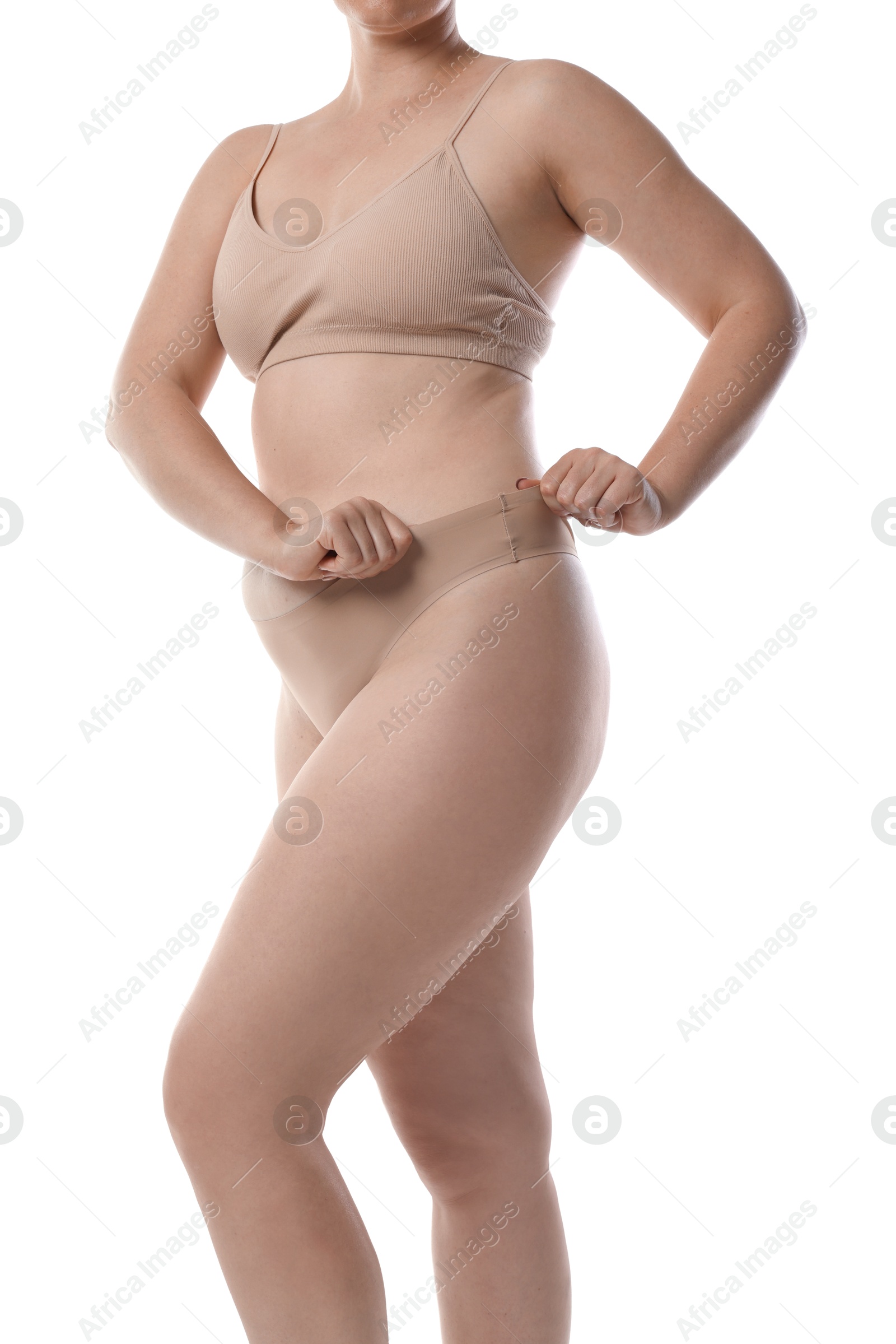 Photo of Liposuction. Woman in underwear on white background, closeup