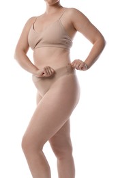 Photo of Liposuction. Woman in underwear on white background, closeup