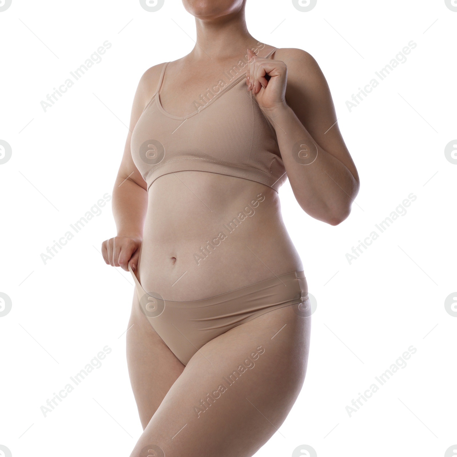 Photo of Liposuction. Woman in underwear on white background, closeup