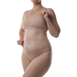 Photo of Liposuction. Woman in underwear on white background, closeup