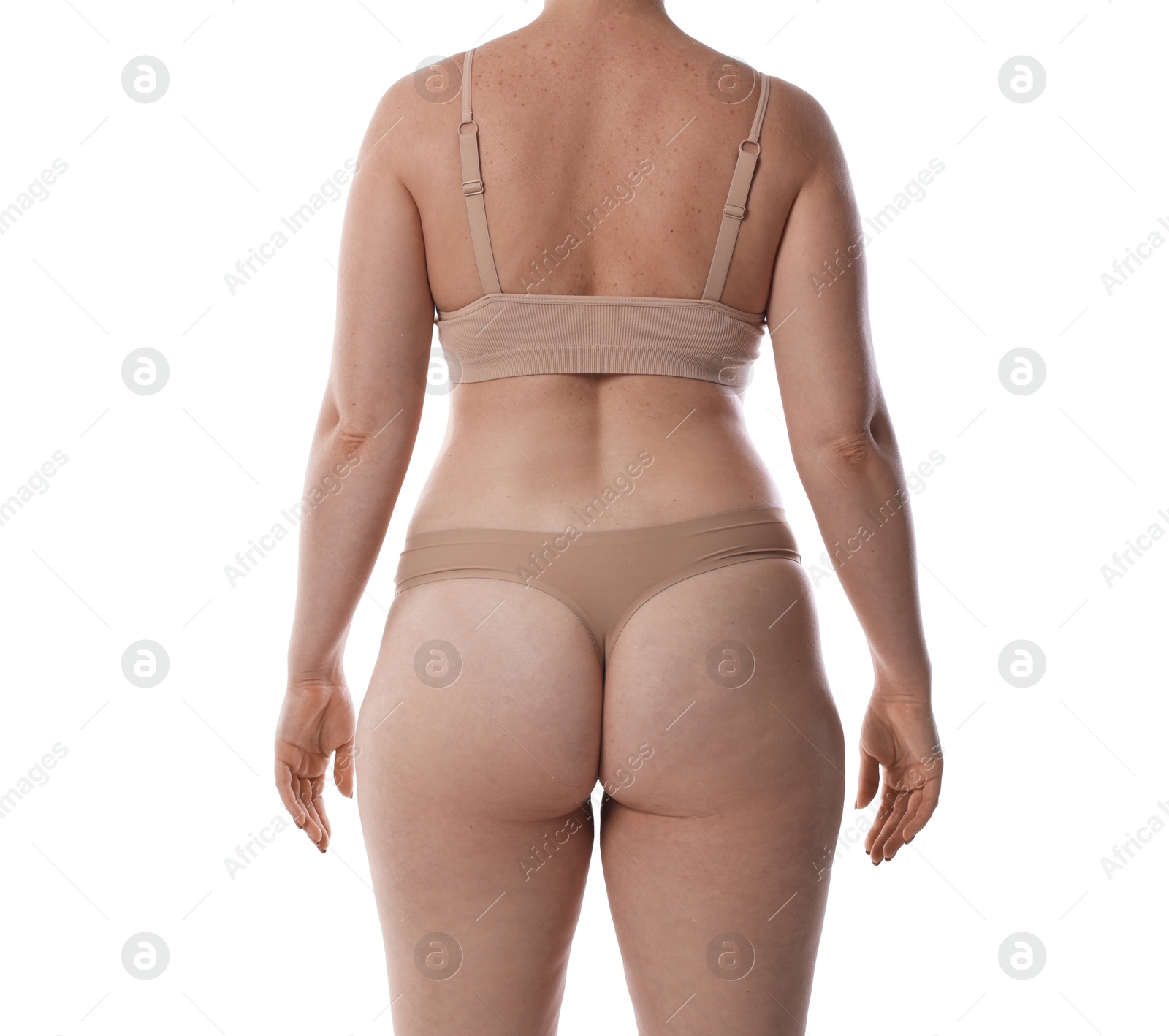 Photo of Liposuction. Woman in underwear on white background, back view