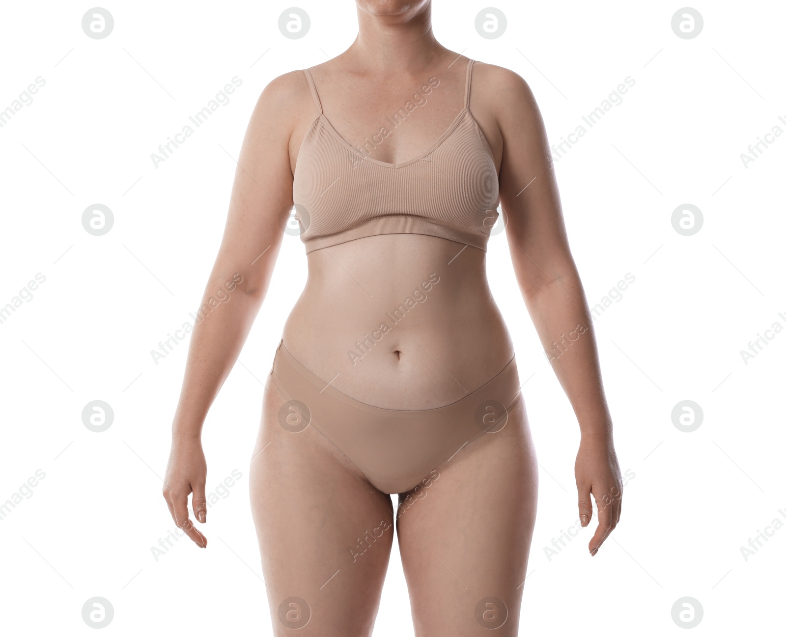 Photo of Liposuction. Woman in underwear on white background, closeup