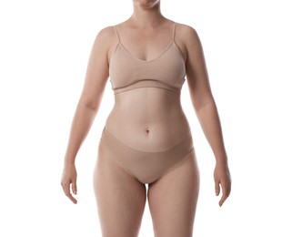 Photo of Liposuction. Woman in underwear on white background, closeup