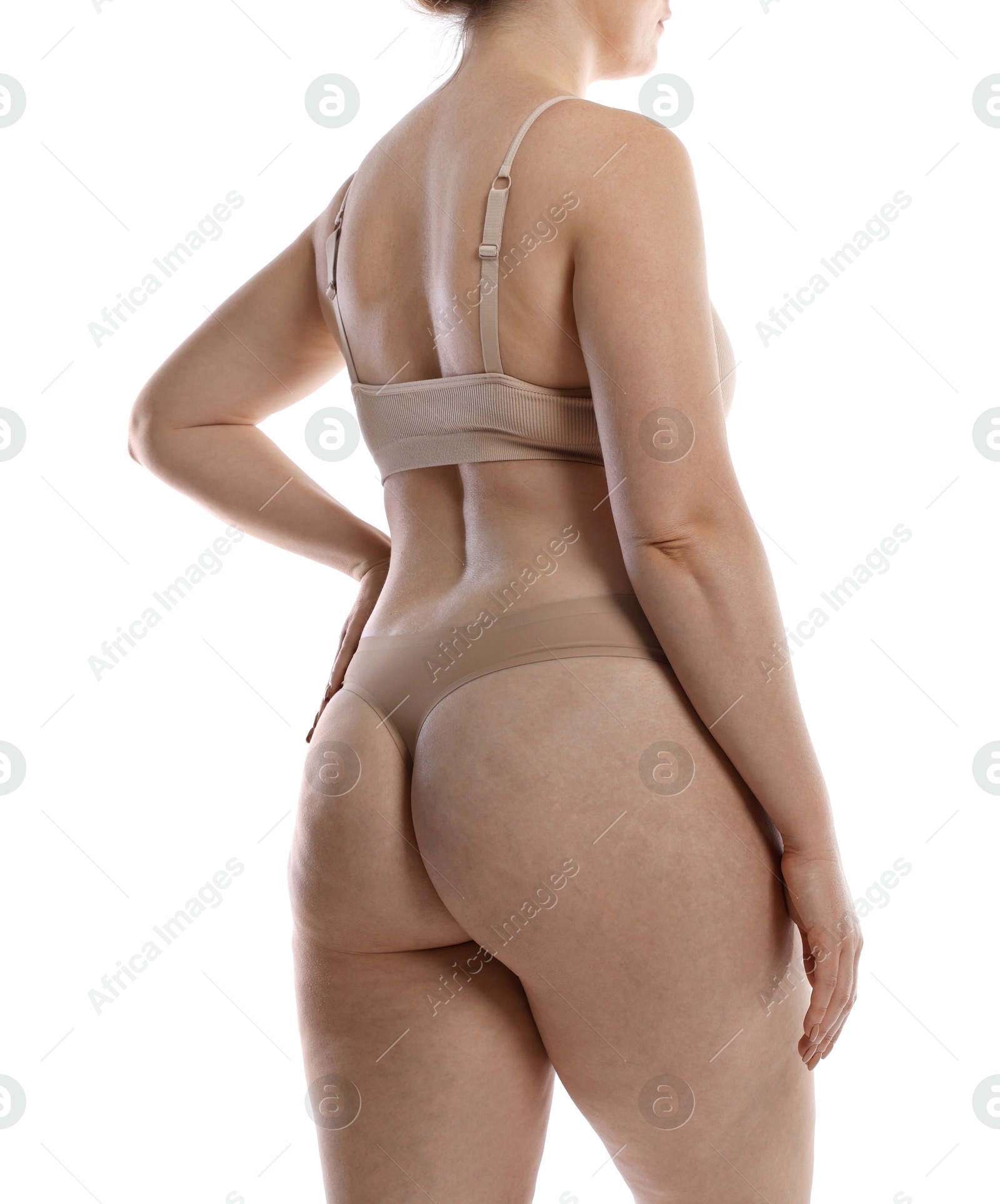 Photo of Liposuction. Woman in underwear on white background, closeup